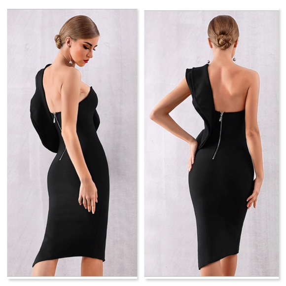 Bandage Flounce High Slit Pencil Black Dress - Picture 9 of 17